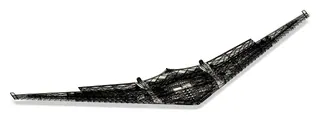 CAD wireframe render of a swept flying wing showing a dense internal lattice structure and two motor pods